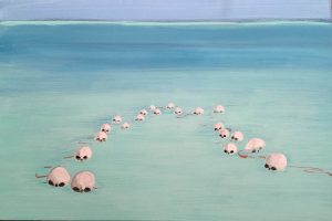 Original painting of floating skulls. Acrylic gouache on canvas, by Jenny Neill.