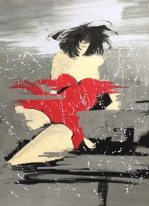 Original abstract painting of woman in red seated. Watercolour on paper, by Jenny Neill.