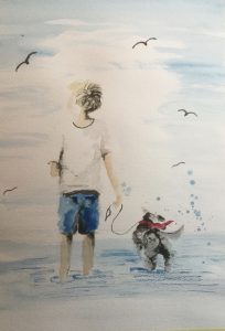 Original painting of boy paddling with dog. Watercolour on paper, by Jenny Neill.