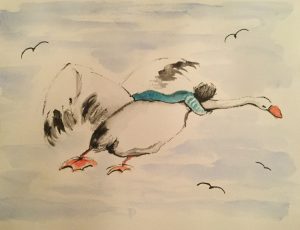 Original painting of boy riding swan. Watercolour on paper, by Jenny Neill.