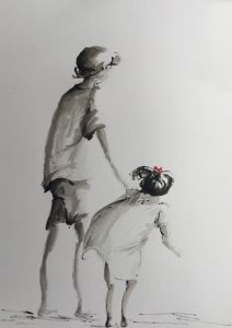 Original drawing of a boy holding hands with a young girl. Ink on paper, by Jenny Neill.