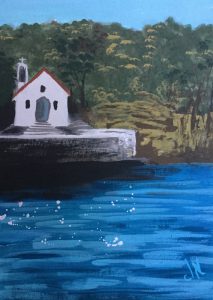 An original painting of a chapel at the entrance to Vathi harbour, Ithaca. Acrylic gouache on canvas, by Jenny Neill.