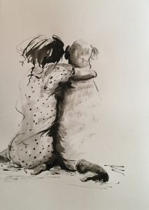 Original drawing of a child hugging a dog. Ink on paper, by Jenny Neill.