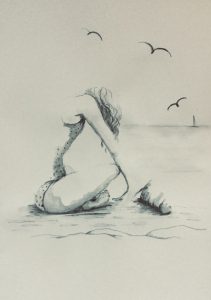 Original drawing of child on beach with bucket. Pencil on paper, by Jenny Neill.