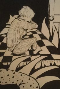 Original drawing of a child on a bed. Ink on paper, by Jenny Neill.