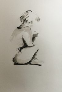 Original drawing of a child sitting with a cupcake. Ink on paper, by Jenny Neill.