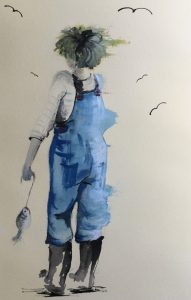 Original painting of child carrying fish. Watercolour on paper, by Jenny Neill.