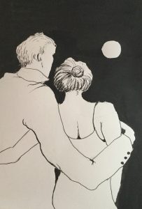 Original drawing of a couple and the moon. Ink on paper, by Jenny Neill.