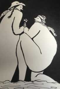 Original drawing of couple in hats and scarves holding a flower. Ink on paper, by Jenny Neill.