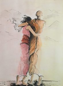 Original painting of couple embracing. Watercolour on paper, by Jenny Neill.