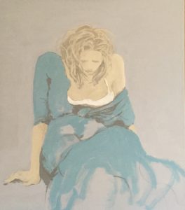Original painting of a dishevelled woman in a blue dress. Acrylic gouache on canvas, by Jenny Neill.