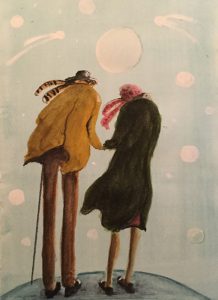 Original painting of elderly couple at the edge. Watercolour on paper, by Jenny Neill.