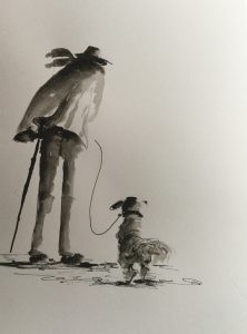 Original drawing of an elderly man with a dog. Ink on paper, by Jenny Neill.
