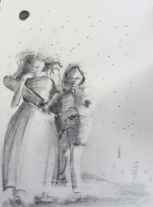 Original drawing of girl and boy. Pencil on paper, by Jenny Neill.