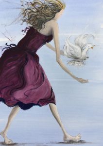 Original painting of girl catching bird. Watercolour on paper, by Jenny Neill.