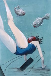 Original painting of a girl diving with fish. Watercolour on paper, by Jenny Neill.