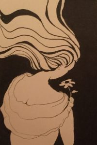 Original drawing of a girl holding a flower. Ink on paper, by Jenny Neill.