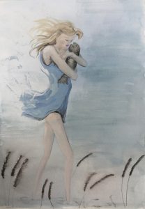 Original painting of girl hugging fish. Watercolour on paper, by Jenny Neill.