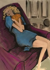 Original painting of a girl in armchair holding cushion. Watercolour on paper, by Jenny Neill.