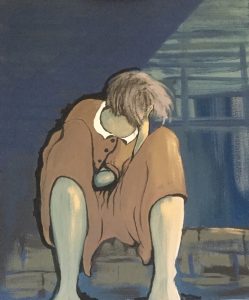 Original painting of a girl in brown dress sitting on wall. Acrylic gouache on canvas, by Jenny Neill.