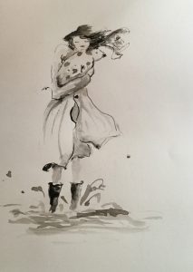 Original drawing of a girl in the mud carrying a pig. Ink on paper, by Jenny Neill.