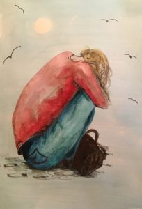 Original painting of girl in red top crouching. Watercolour on paper, by Jenny Neill.