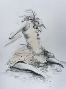 Original drawing of girl kneeling. Pencil on paper, by Jenny Neill.