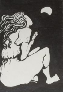 Original drawing of a girl looking at the moon. Ink on paper, by Jenny Neill.