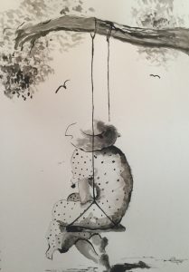Original drawing of a woman on a tree swing. Ink on paper, by Jenny Neill.