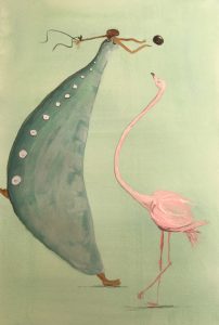 Original abstract painting of girl playing ball with flamingo. Watercolour on paper, by Jenny Neill.