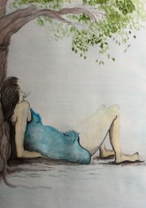 Original painting of girl reclining under tree. Watercolour on paper, by Jenny Neill.