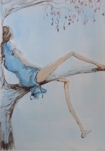 Original painting of a girl sitting in a tree. Watercolour on paper, by Jenny Neill.