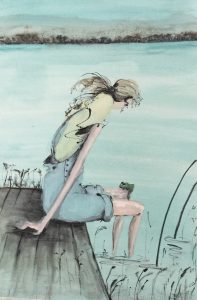 Original painting of girl sitting on jetty. Watercolour on paper, by Jenny Neill.