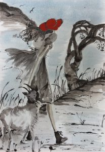 Original drawing of a girl with a red hat walking a goat. Ink on paper, by Jenny Neill.