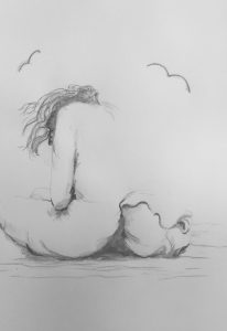 Original drawing of girl with bag sitting. Pencil on paper, by Jenny Neill.