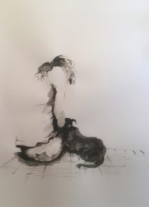Original drawing of a girl sitting on a kerb with a black dog. Ink on paper, by Jenny Neill.