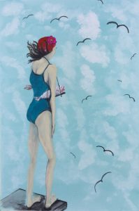 Original painting of girl on diving board with fish. Watercolour on paper, by Jenny Neill.