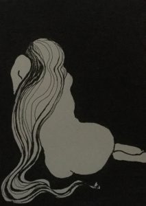 Original drawing of a girl with long hair. Ink on paper, by Jenny Neill.