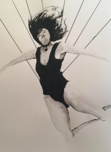Original drawing of a girl parachuting. Ink on paper, by Jenny Neill.