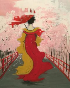 Original painting of a lone Japanese woman with parasol. Acrylic gouache on canvas, by Jenny Neill.