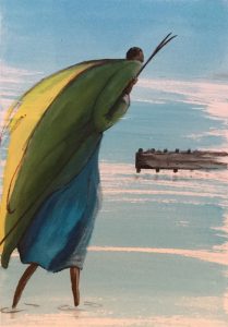 Original painting of tall man in water with stick. Watercolour on paper, by Jenny Neill.