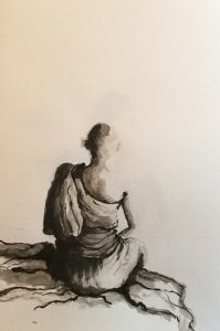Original drawing of a sitting monk. Ink on paper, by Jenny Neill.