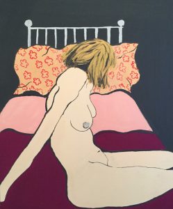 An original painting of a nude sitting on a bed. Acrylic gouache on canvas, by Jenny Neill.