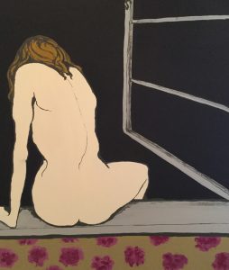An original painting of a naked woman sitting on a window ledge. Acrylic gouache on canvas, by Jenny Neill.