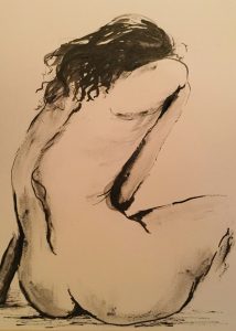 Original drawing of nude woman seated. Ink on paper, by Jenny Neill.