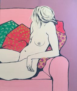 An original painting of a nude woman sitting on a pink sofa with cushions. Acrylic gouache on canvas, by Jenny Neill.