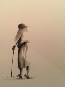 Original drawing of an elderly woman with a walking stick. Ink on paper, by Jenny Neill.
