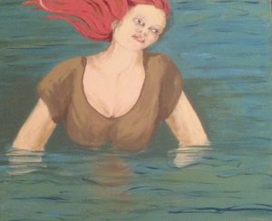 Original painting of a red haired woman in a brown dress standing in deep water. Acrylic gouache on canvas, by Jenny Neill.