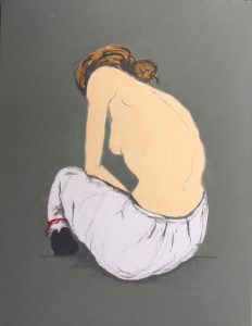 An original painting of a semi-nude sitting. Acrylic gouache on canvas, by Jenny Neill.