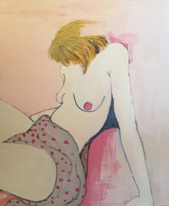 Original painting of semi nude woman on pink sofa. Acrylic gouache on canvas, by Jenny Neill.